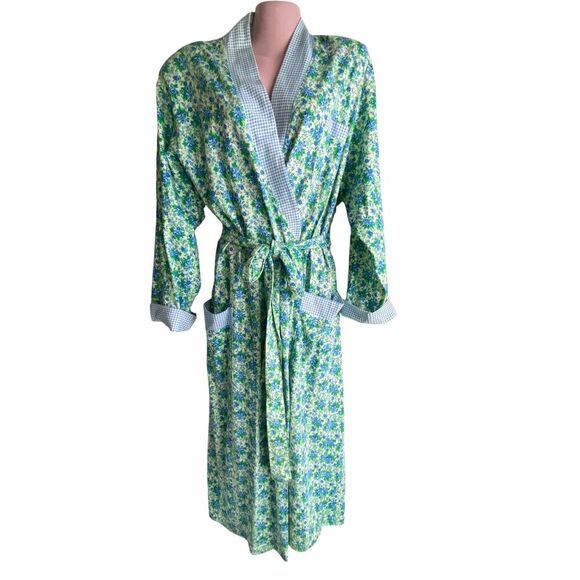 Vintage Victoria's Secret Robe Womens Medium Large Blue Floral Cotton Belted 90s - Picture 1 of 7